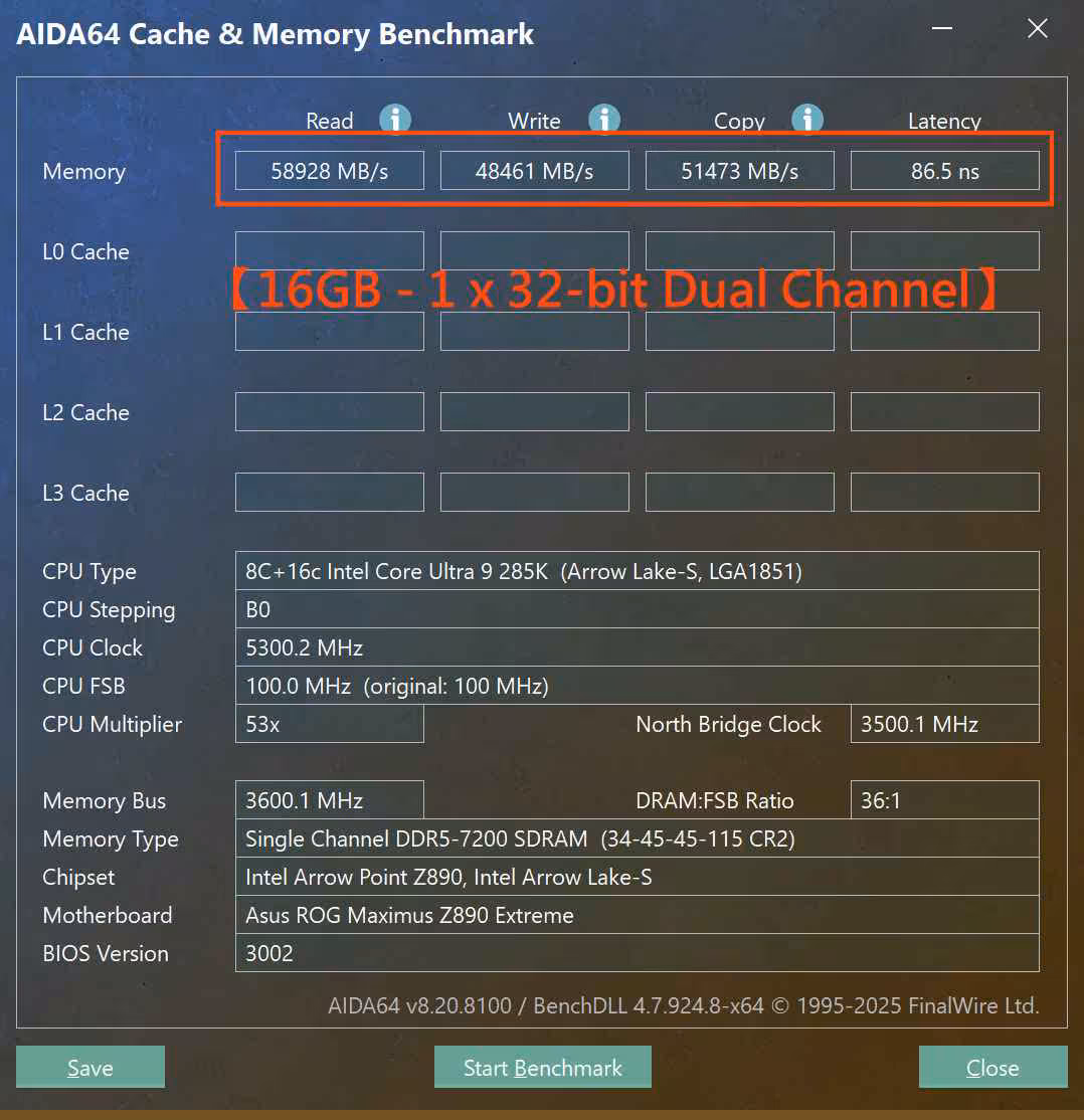 Capture benchmark AIDA64 pour mémoire 16GB, canal double 32-bit.