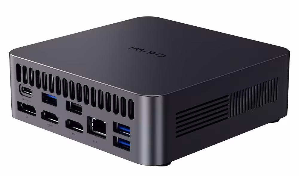 Mini-PC Chuwi noir, divers ports visibles, éclairage neutre