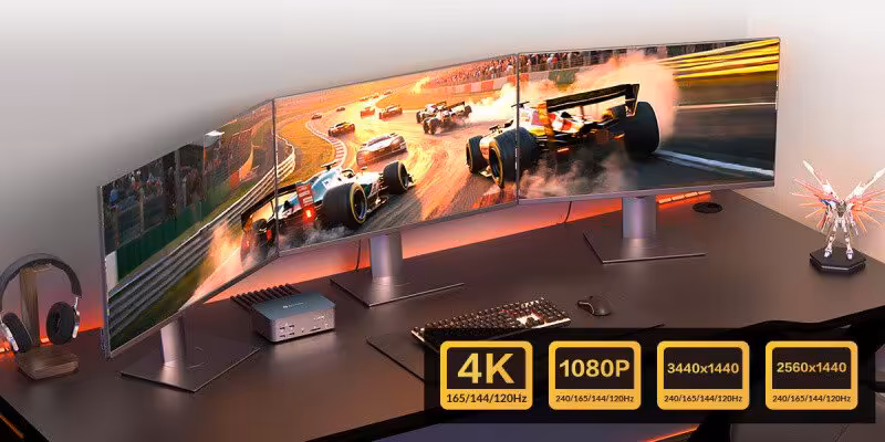 Trois écrans courbes affichant des courses automobiles, signalétique sur résolution 4K et 1080p.