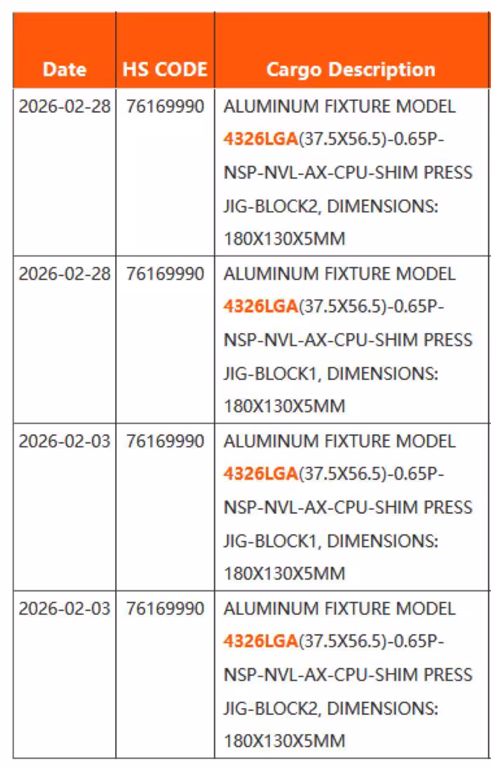 Intel Nova Lake-AX : iGPU 48 cœurs Xe et socket LGA 4326 XXL dévoilés 2 Tableau avec descriptions de cargo et modèles en aluminium, code HS inclus.