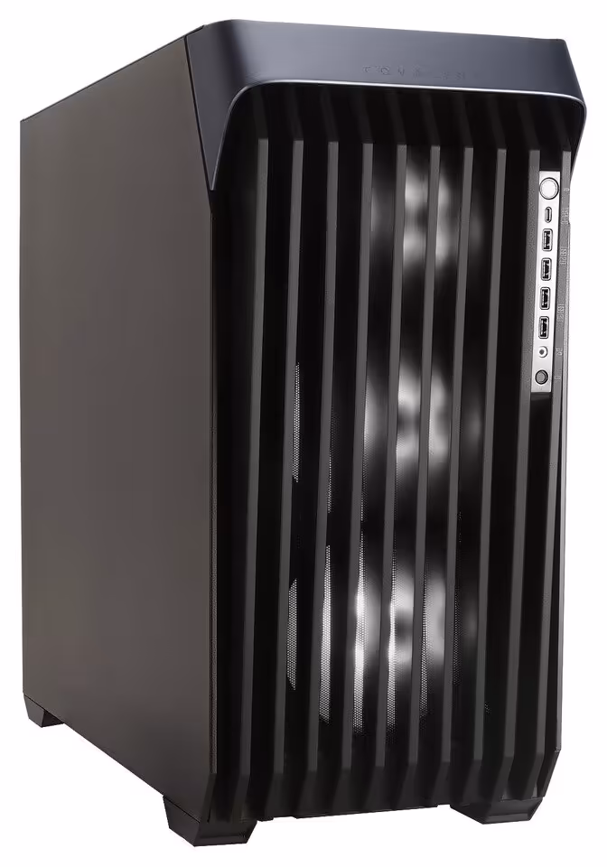 Boîtier InWin COVALENT noir avec façade avant en éventail.