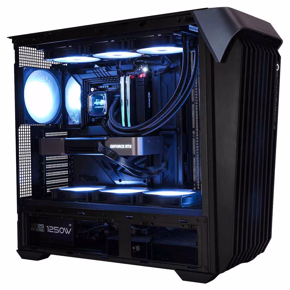 Intérieur du boîtier InWin COVALENT avec composants et éclairage blanc.