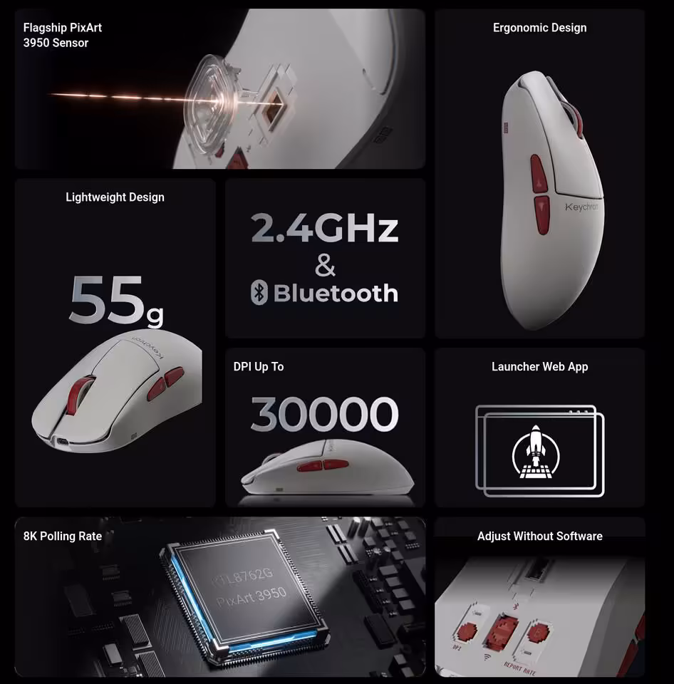 Caractéristiques techniques de la souris blanche Keychron G4.