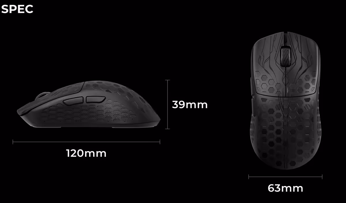 Dimensions de la souris noire Keychron G5 avec vue latérale et de dessus.
