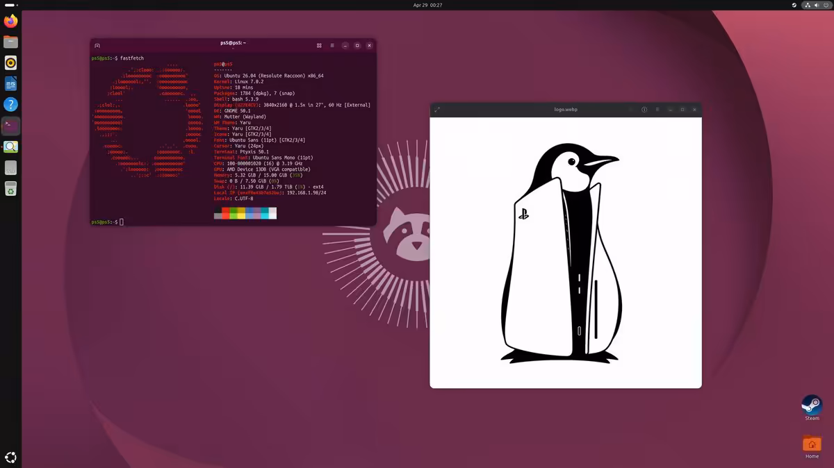 Linux PS5 : le hack officiel arrive sur les consoles en firmware 3.00 à 4.51 2 Interface Ubuntu avec logo pingouin de la PlayStation affiché