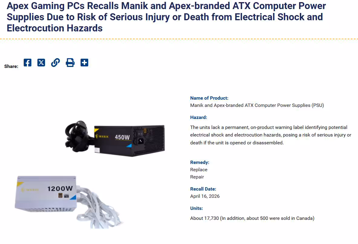 Capture écran rappel d'alimentation Manik et Apex ATX fond blanc et texte