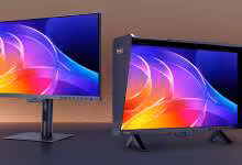 Deux écrans ASUS ProArt PA32USD scintillants, fond dégradé sombre.