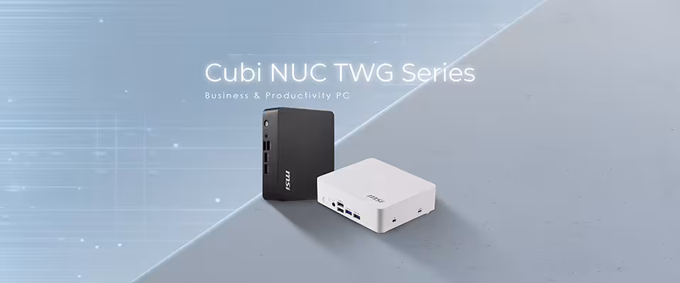 MSI Cubi NUC TWG en noir et blanc sur fond design.