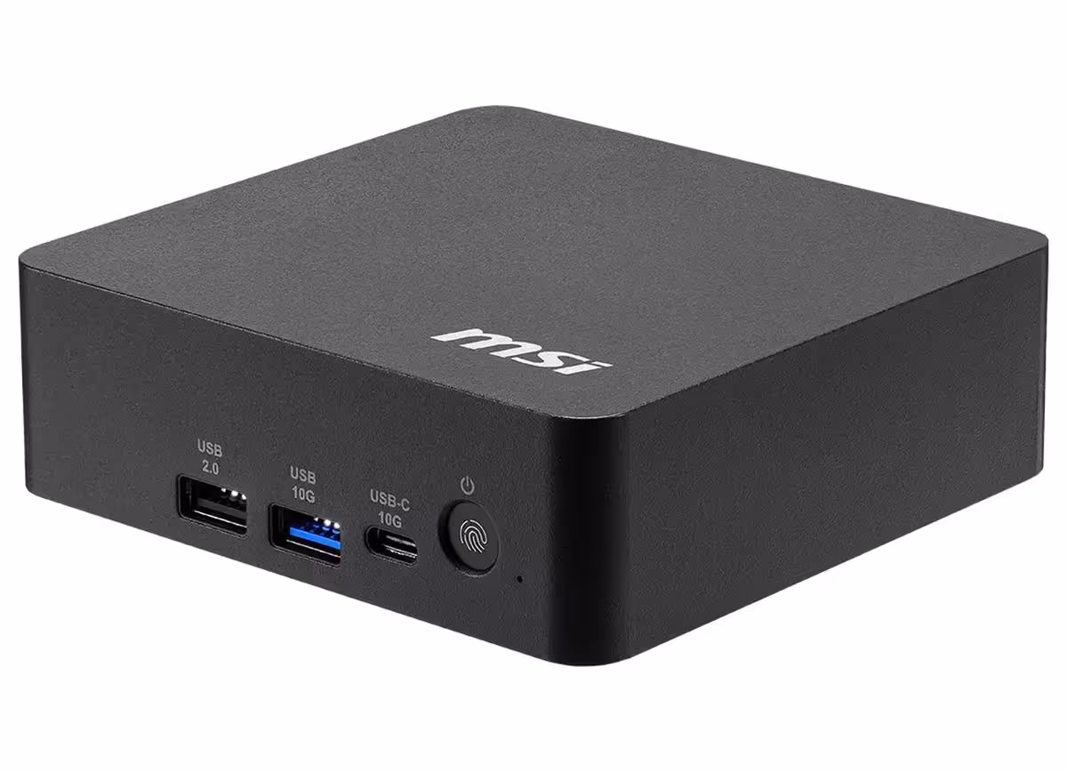 MSI Cubi NUC AI+ vue avant avec détails ports USB, fond blanc