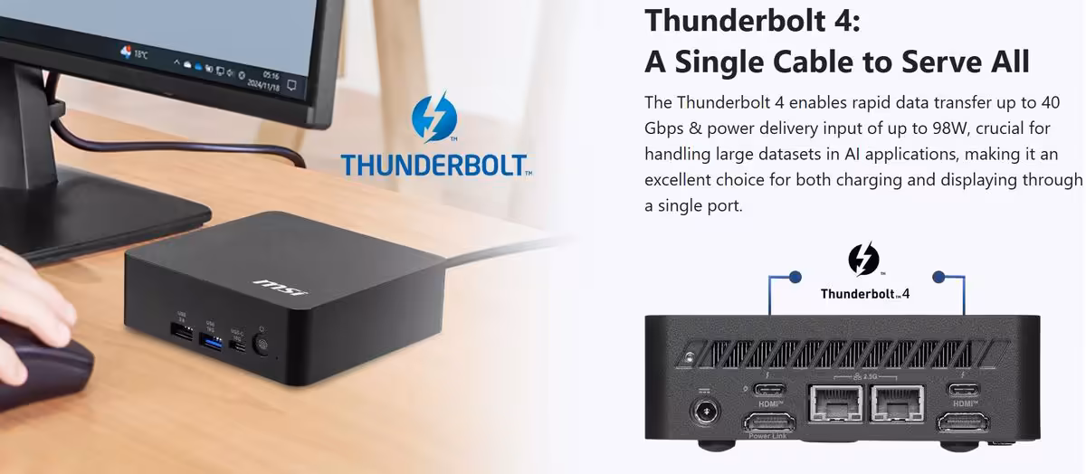 Capture écran promotion Thunderbolt 4 avec boîtier MSI sur bureau