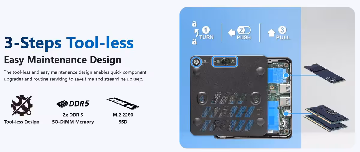Capture écran design sans outil MSI avec carte DIMM et SSD visibles