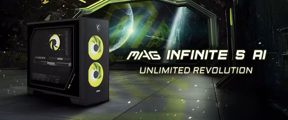 MSI MAG Infinite S AI 2nd : Core Ultra 7 265 et GeForce RTX 5070 Ti pour un desktop évolutif 2 Ordinateur MSI MAG Infinite S AI avec design futuriste et effet lumineux vert.