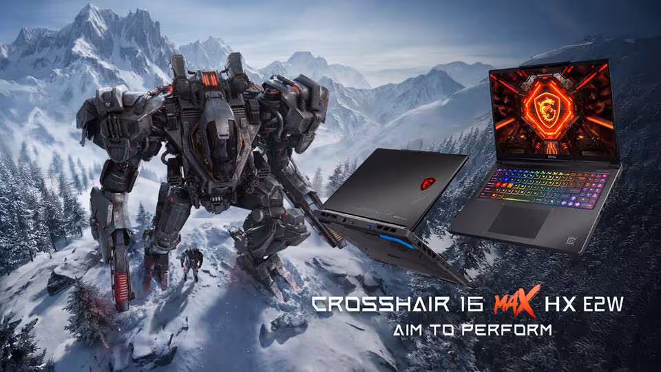 MSI Crosshair 16 MAX HX E2W avec fond de paysage enneigé et robot géant.