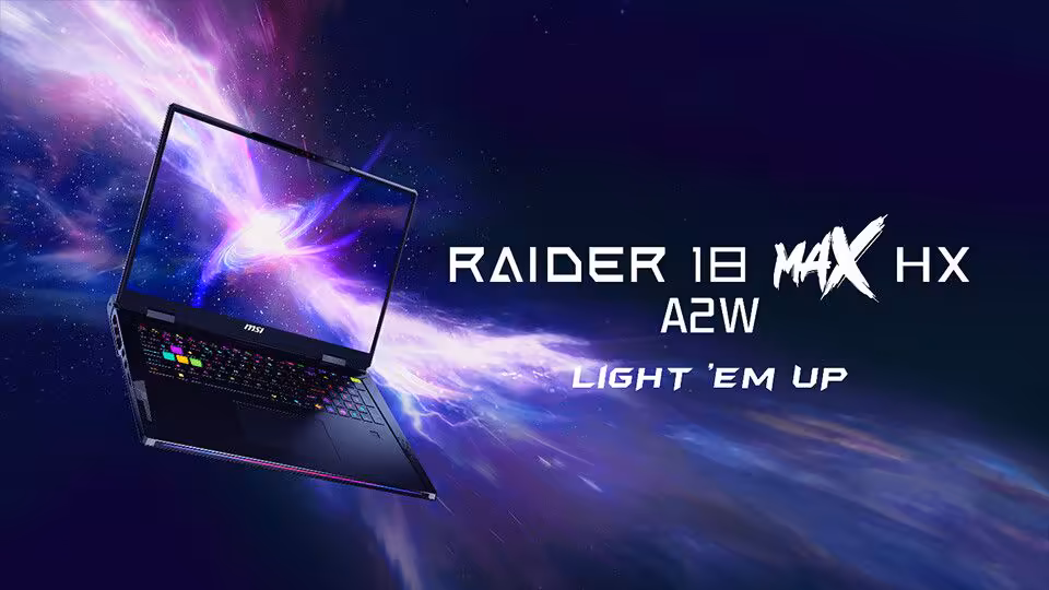 MSI Raider 18 MAX HX A2W montrant un fond spatial lumineux.