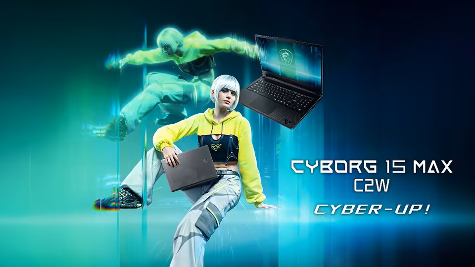 MSI Cyborg 15 MAX C2W avec personnage futuriste et effet de mouvement.