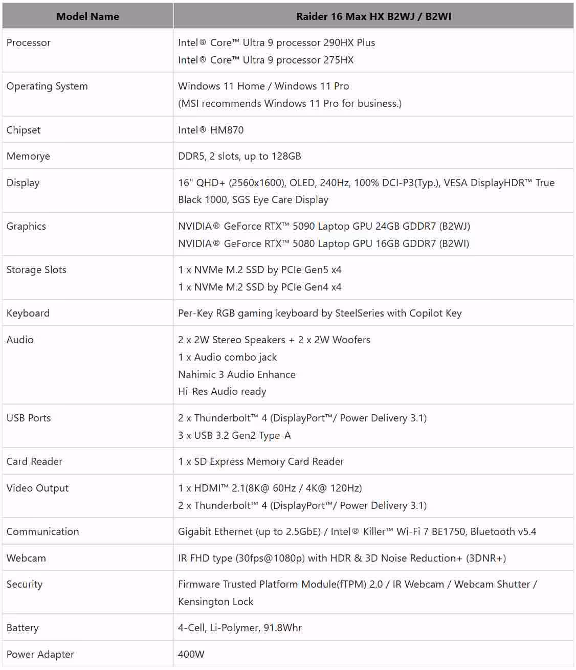 Tableau des caractéristiques techniques Raider 16 Max HX B2W/J B2W1.