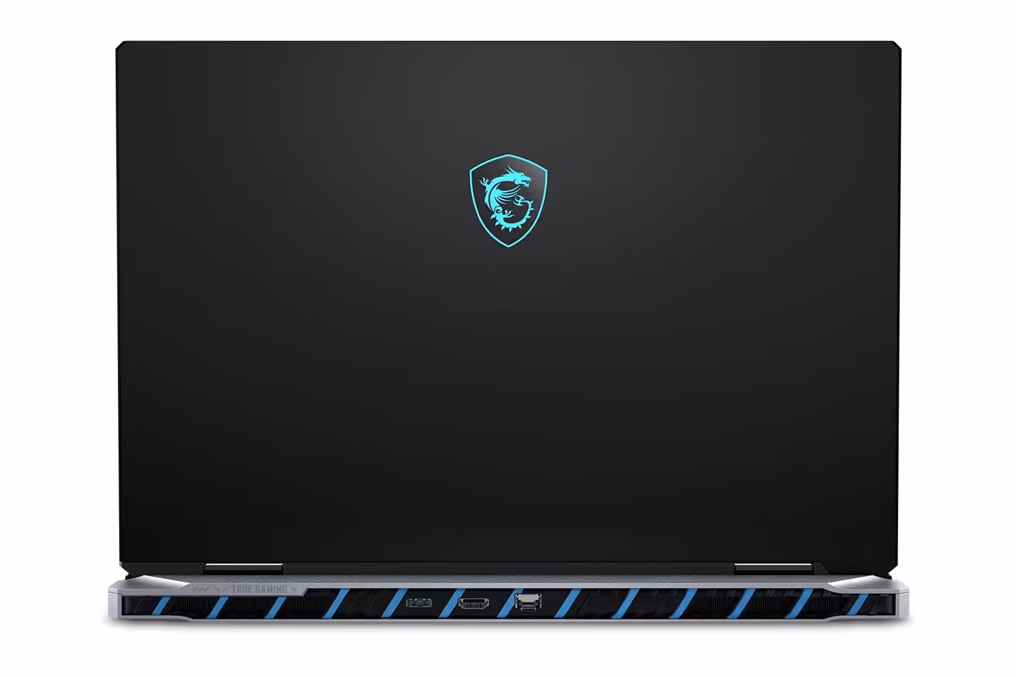 Dos du MSI Titan avec logo lumineux sur le couvercle.