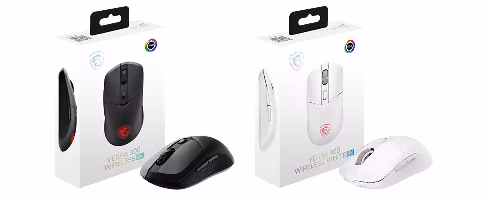 Emballage de la souris MSI VERSA 300 WIRELESS 8K noire et blanche.