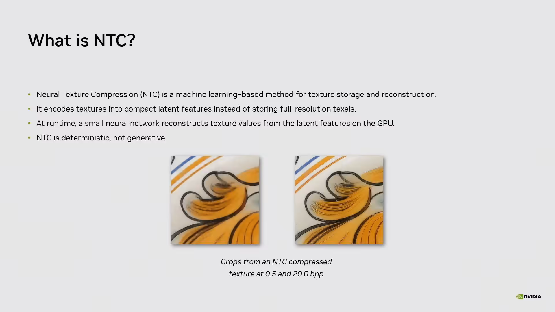 GTC 2026 : NVIDIA détaille la Neural Texture Compression et divise la VRAM par 6,7 4 Explication NTC compression textures neural images tubes