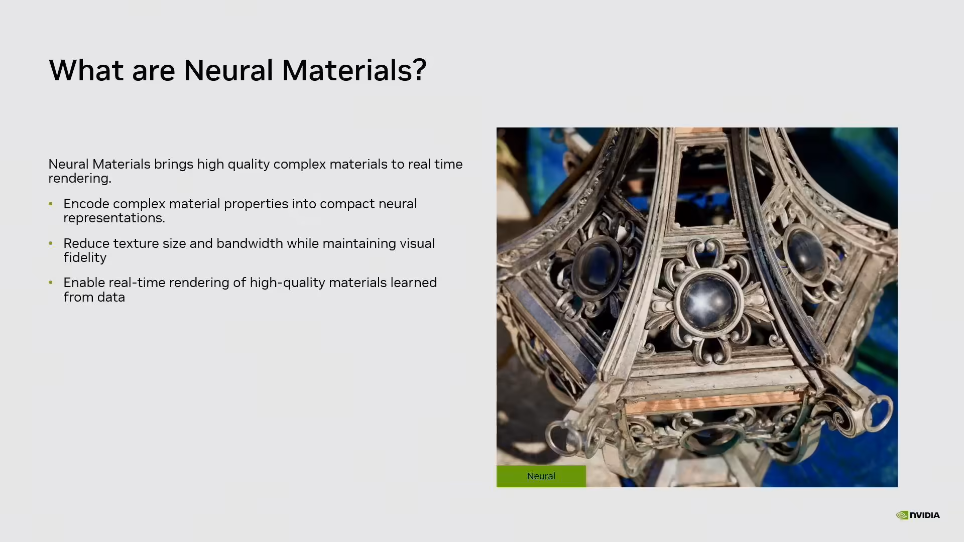 GTC 2026 : NVIDIA détaille la Neural Texture Compression et divise la VRAM par 6,7 9 Détails matériau neural rendu photoréaliste objet ancien
