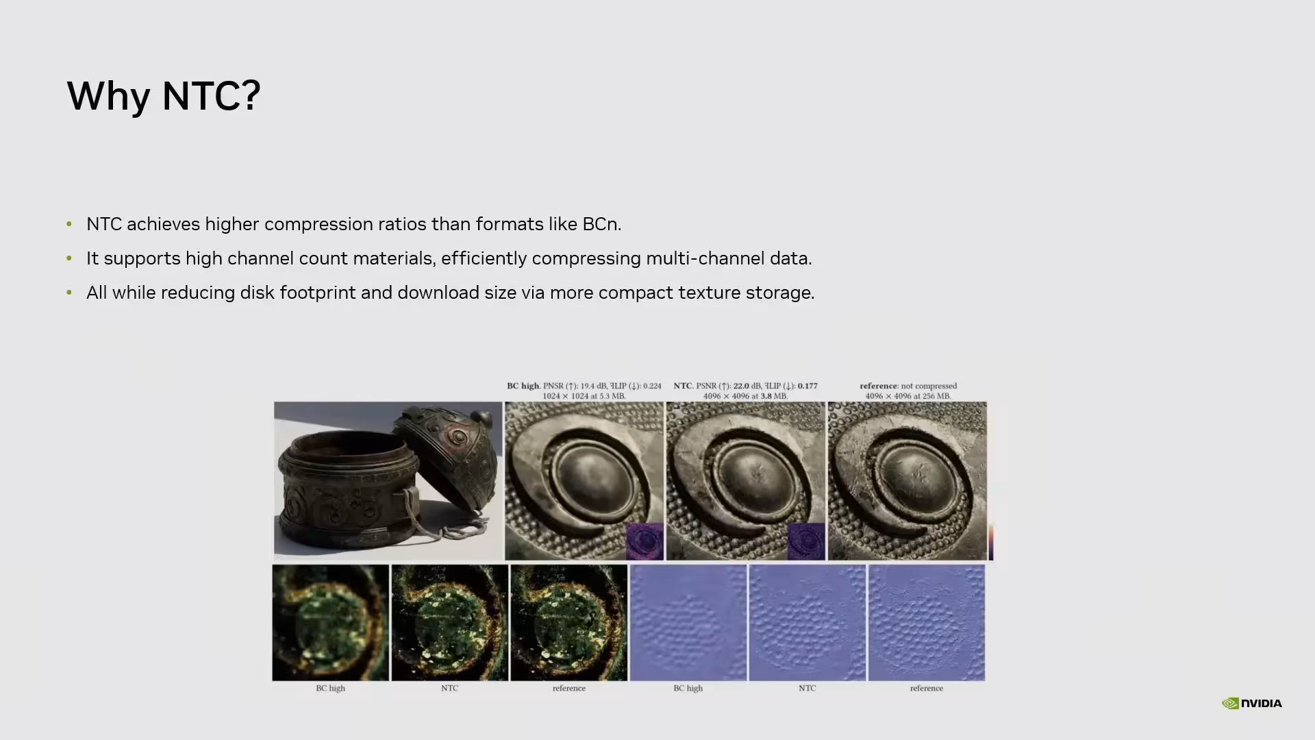GTC 2026 : NVIDIA détaille la Neural Texture Compression et divise la VRAM par 6,7 3 Comparatif compression textures NTC avec visuels d'objets