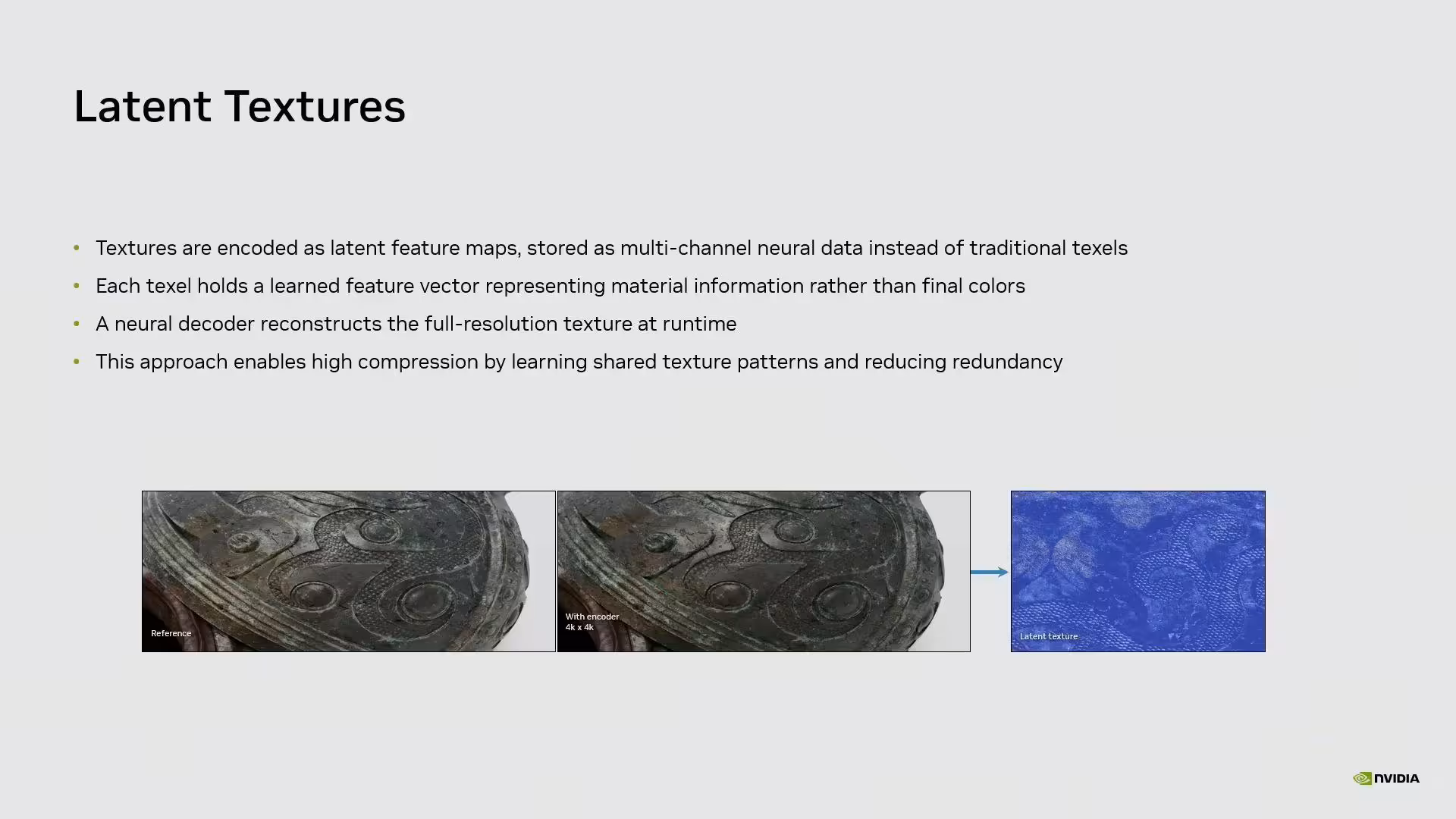 GTC 2026 : NVIDIA détaille la Neural Texture Compression et divise la VRAM par 6,7 5 Détails textures latentes illustration compression neural rendering