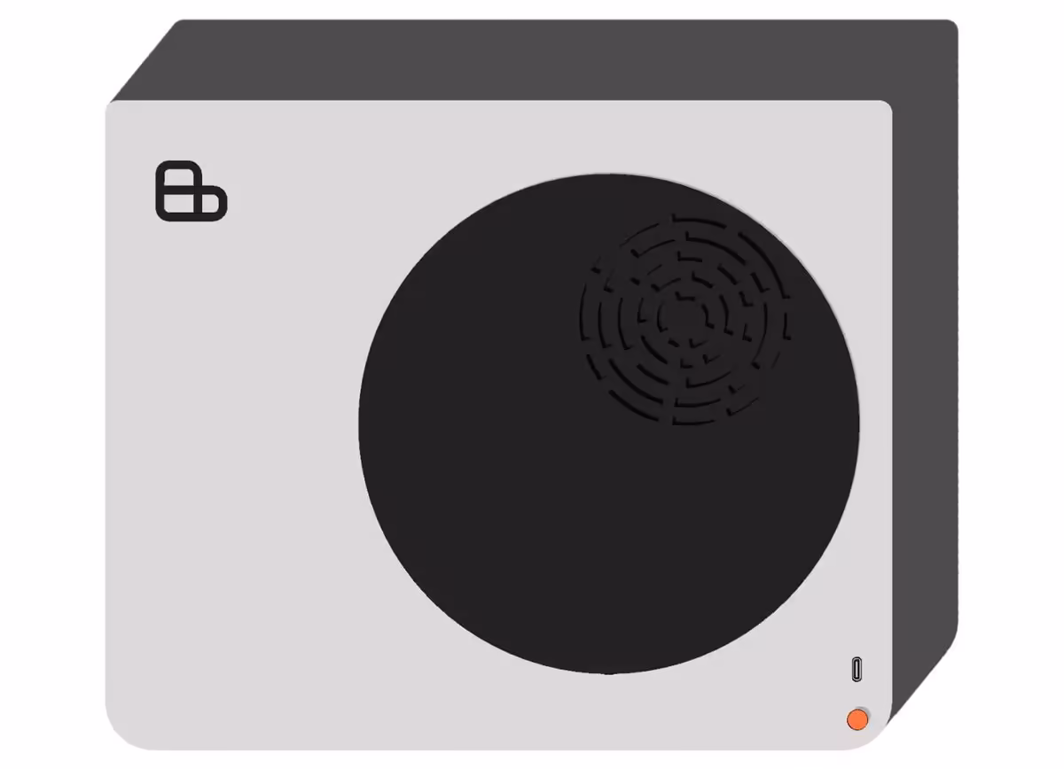 Illustration minimaliste du mini PC blanc et noir Playnix sur fond neutre.