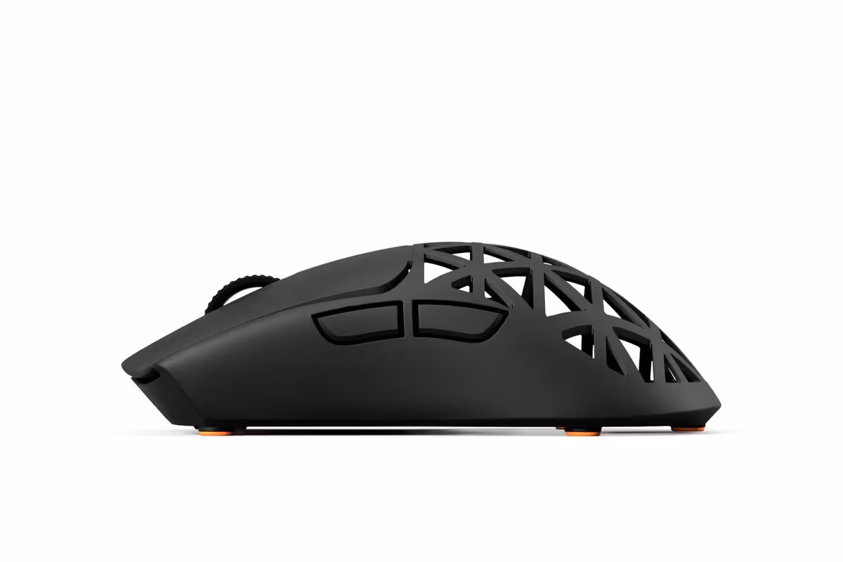 Profils latéral de la souris modifiée PMM Zen 2.0, design alvéolé noir.