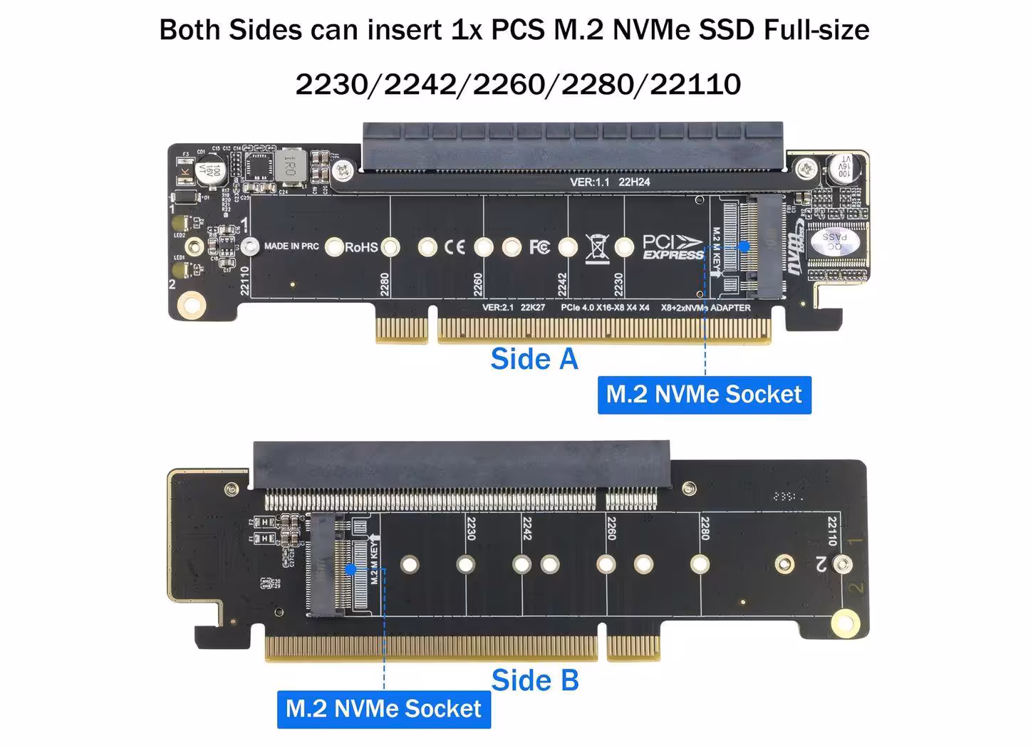 Capture de carte PCIe texte et ports, fond blanc, faible contraste.
