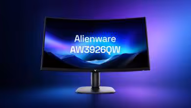 Moniteur Alienware AW3926QW éclairage bleu-violet fond sombre intense