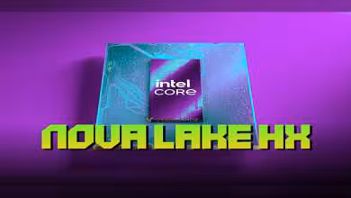 Processeur Intel Core Nova Lake HX avec arrière-plan violet et design futuriste