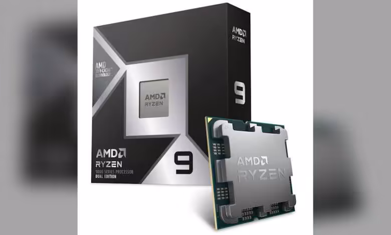 Boîte AMD Ryzen 9 9950X3D2 Dual Edition, design contrasté et net, fond neutre