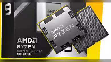 Boîte processeur AMD Ryzen 9000 Dual Edition, design noir et jaune, puce en gros plan