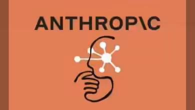 Logo d'Anthropic avec silhouette stylisée et symbole moléculaire sur fond orange.