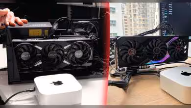 GPU Radeon dans boîtier avec mini Mac éclairage contrasté, fond sombre urbain