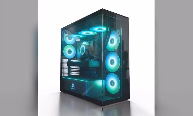 Arctic Xtender Black clear glass : mid-tower spacieux, 5 ventilateurs ARGB et double 420 mm 1 Boîtier Arctic Xtender Black avec ventilateurs RGB illuminés et panneau en verre clair.