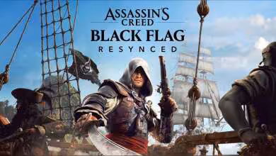 Couverture d'Assassin's Creed Black Flag Resynced avec personnage central armé et navires en arrière-plan.