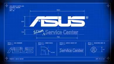 Plan de l'ASUS Service Center avec texte "scan" sur fond bleu blueprint