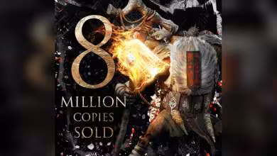 Artwork celebrating 8 million copies sold with a fiery symbol in the center.