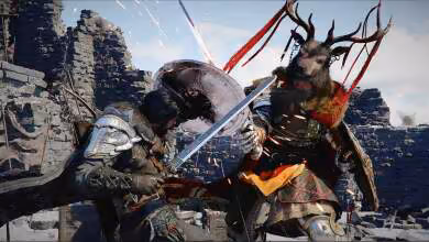 Personnages en armure combattant dans Crimson Desert avec épée et bouclier.