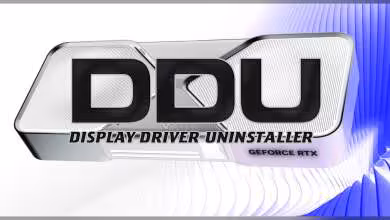 Logo Display Driver Uninstaller avec texte GeForce RTX sur fond graphique stylisé.