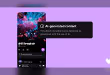 Interface mobile Deezer avec étiquette signalant un album contenant des morceaux générés par IA.