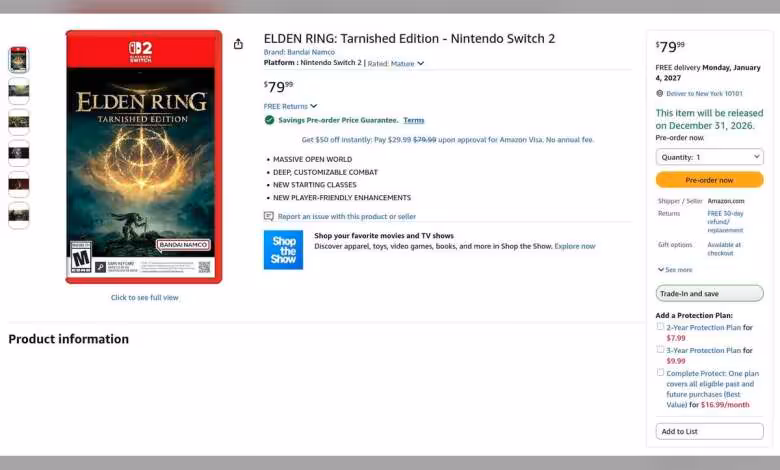 Elden Ring Switch 2 : la Tarnished Edition listée à 79,99 $ en physique 1 Listing produit Elden Ring Tarnished Edition pour Nintendo Switch 2 sur un site de vente en ligne.