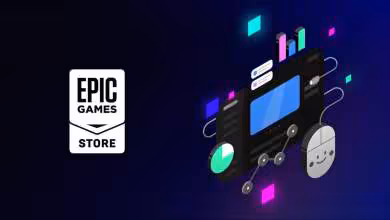 Logo Epic Games Store avec éléments graphiques numériques abstraits colorés.