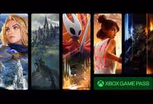 Illustration de jeux vidéo avec personnages et paysage sur fond noir avec logo Xbox Game Pass