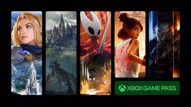 Illustration de jeux vidéo avec personnages et paysage sur fond noir avec logo Xbox Game Pass
