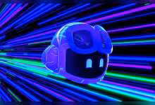 Logo 3D stylisé de GitHub Copilot avec effets lumineux néon bleus et verts en arrière-plan.