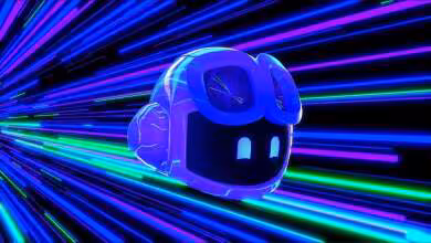 Logo 3D stylisé de GitHub Copilot avec effets lumineux néon bleus et verts en arrière-plan.
