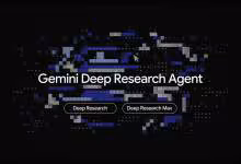 Logo Gemini Deep Research Agent avec arrière-plan numérique abstrait.