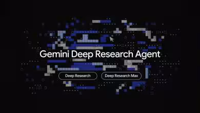 Logo Gemini Deep Research Agent avec arrière-plan numérique abstrait.